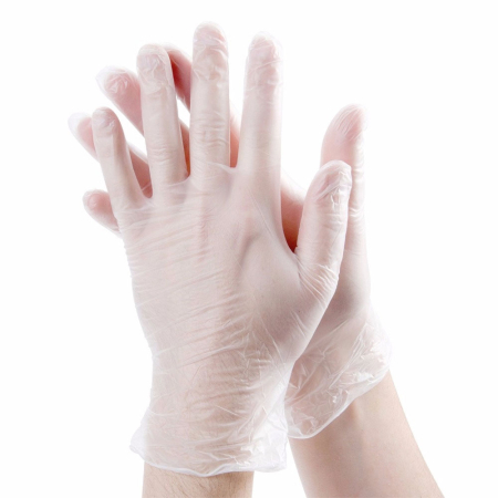 Vinyl Handschuhe gepudert, transparent/weiss, Grösse M, 5 Paar pro Beutel